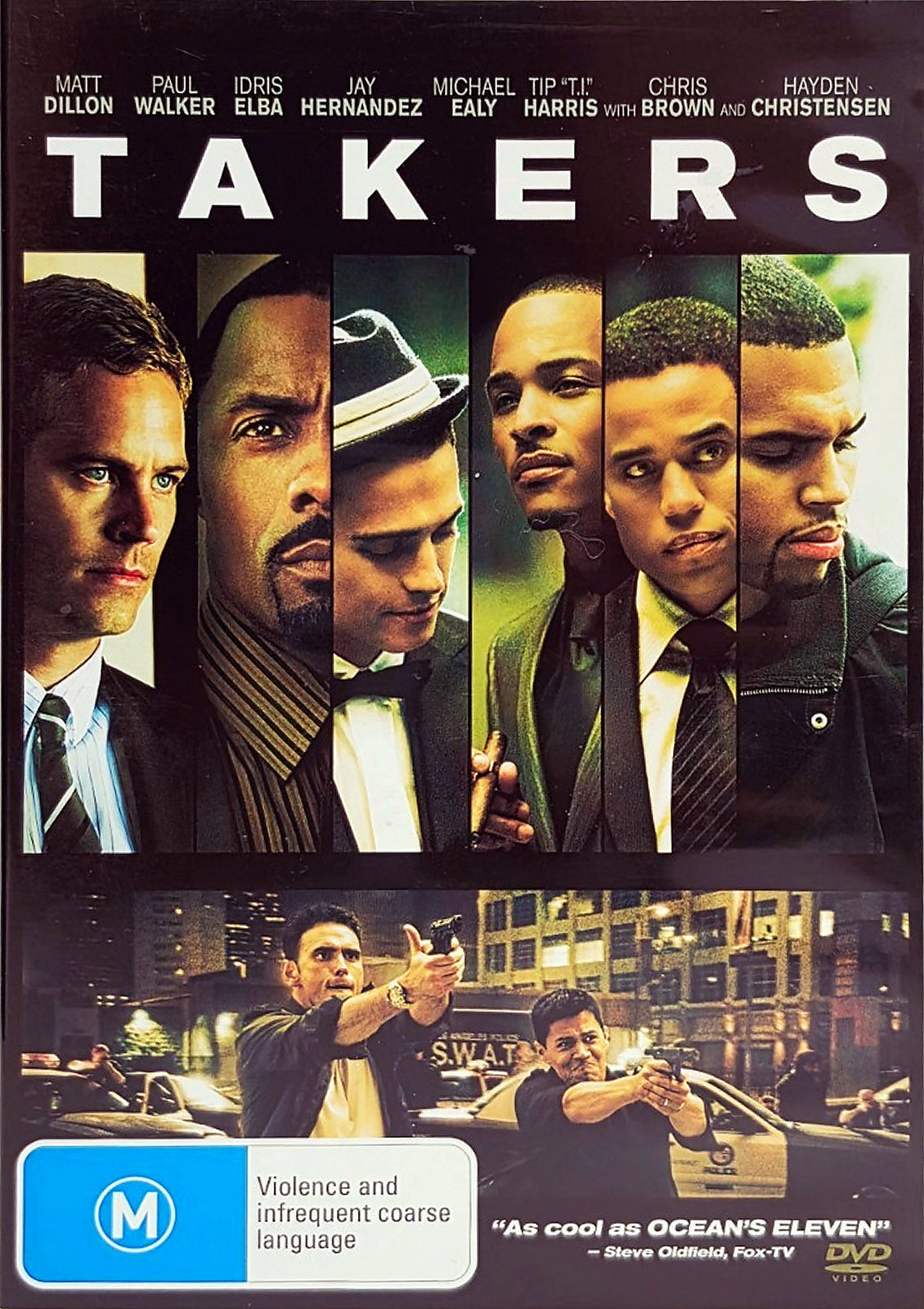 Takers DVD cover featuring Matt Dillon, Paul Walker and Idris Elba