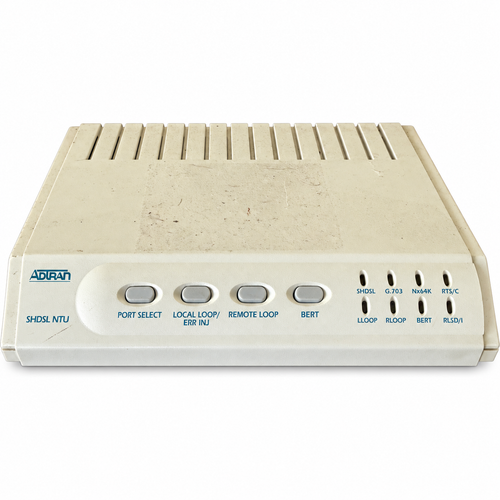 ADTRAN SHDSL NTU front view on white background — cleaned reference photo with visible cosmetic wear