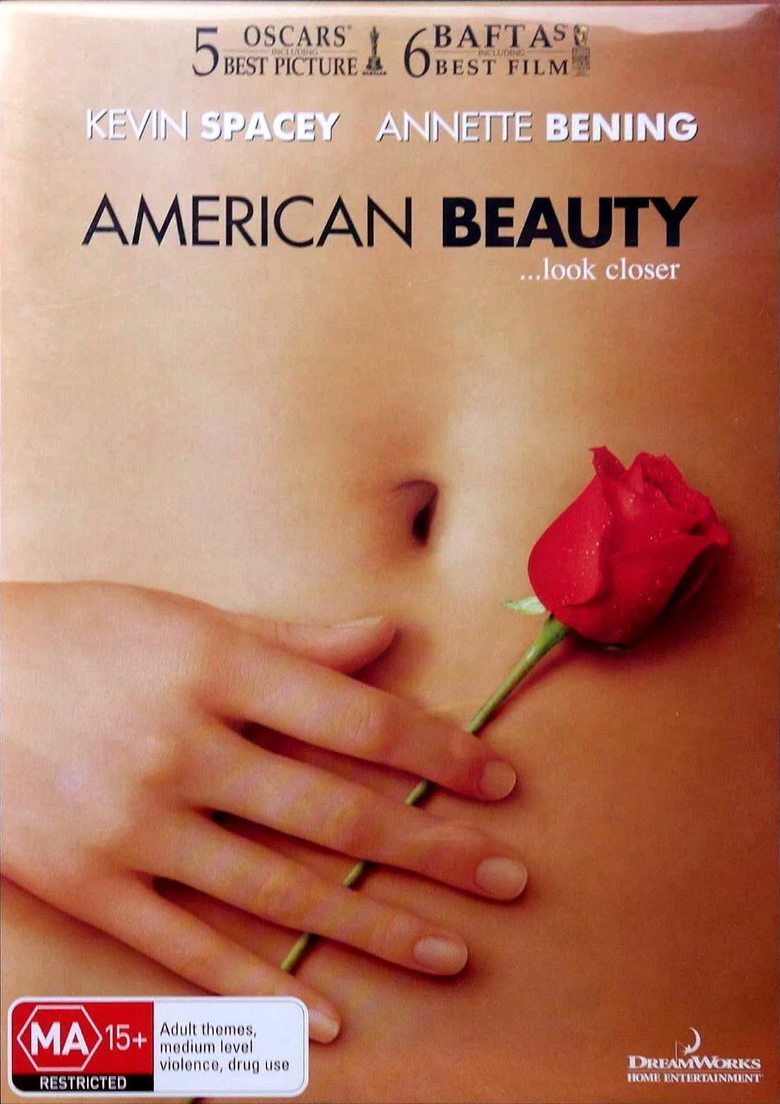 American Beauty DVD Australian cover with rose artwork, starring Kevin Spacey and Annette Bening