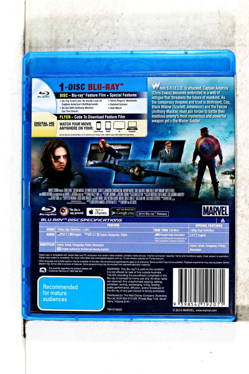 Captain America: The Winter Soldier Blu-ray — reference back cover and specifications, not the actual item