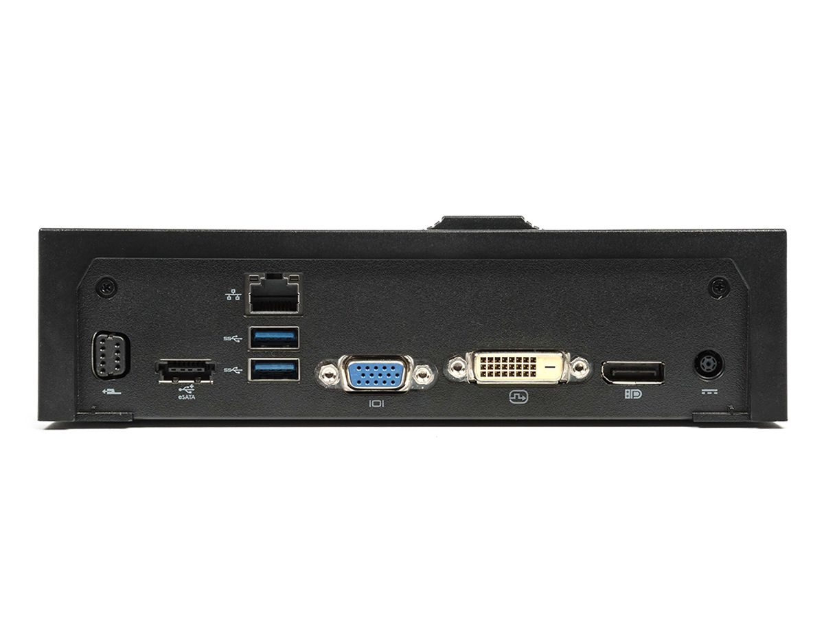Dell E-Port II PR03X rear ports with blue USB 3.0 sockets, professional reference image
