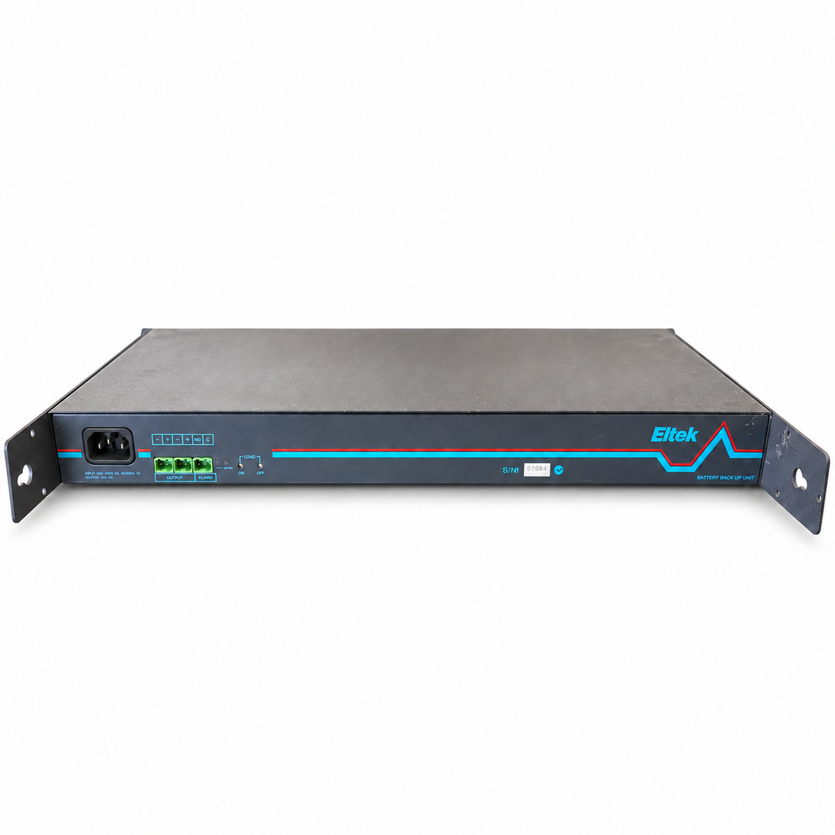Eltek rack-mount battery backup unit connection panel on white background, showing power inlet, output and alarm terminals