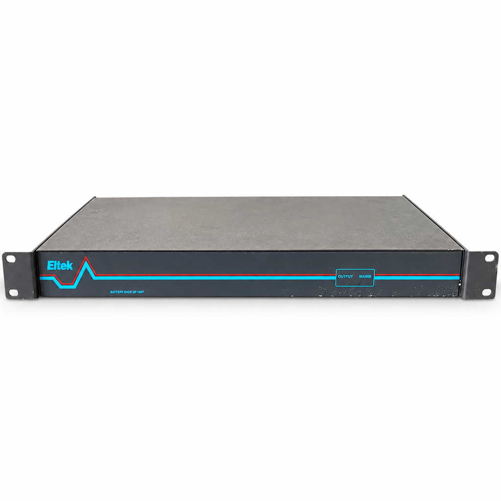 Eltek rack-mount battery backup unit front view on white background, with visible cosmetic wear