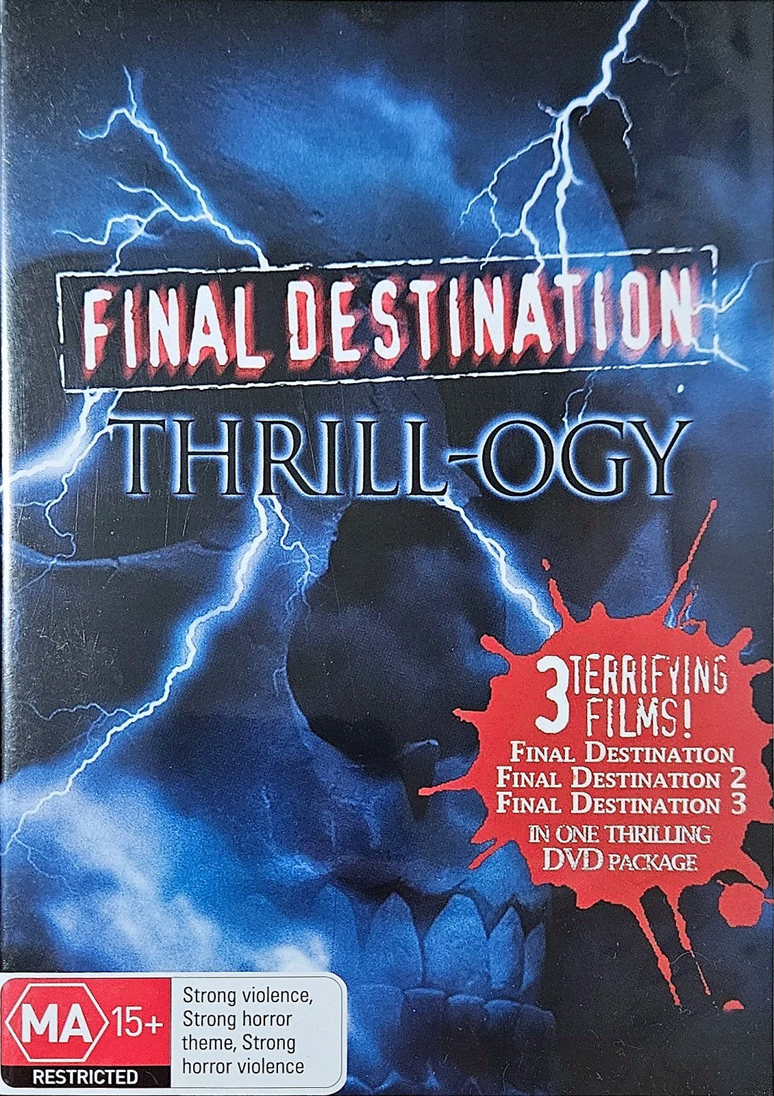 Final Destination 1, 2 and 3 Thrill-ogy DVD Australian MA15+ cover