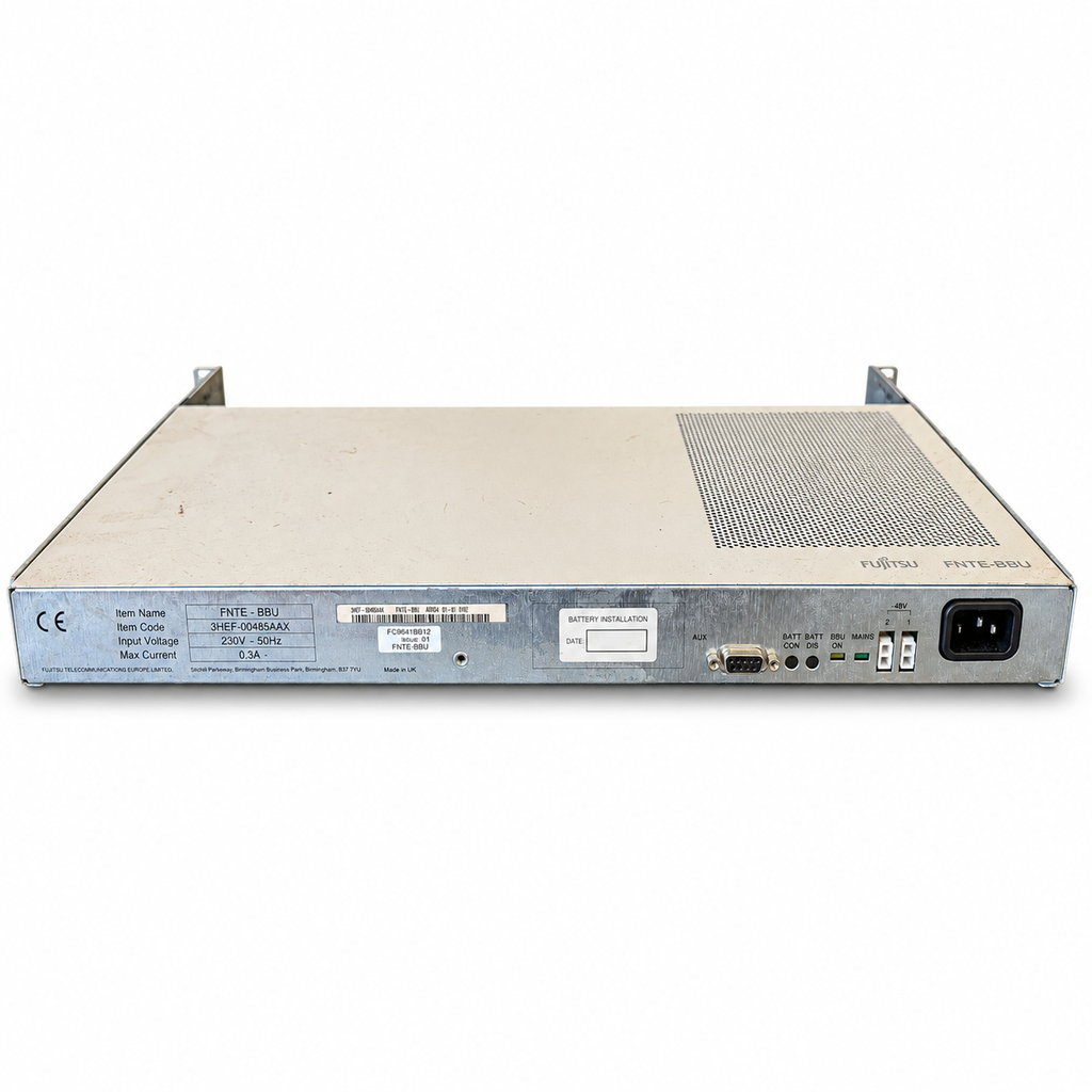 Fujitsu FNTE-BBU battery backup unit rear view on white background, showing identification labels and power connections