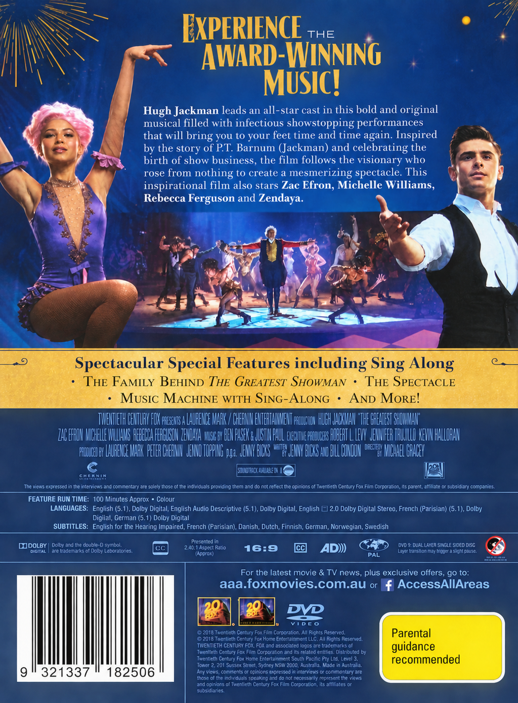 The Greatest Showman Australian DVD rear cover – cleaned reference artwork