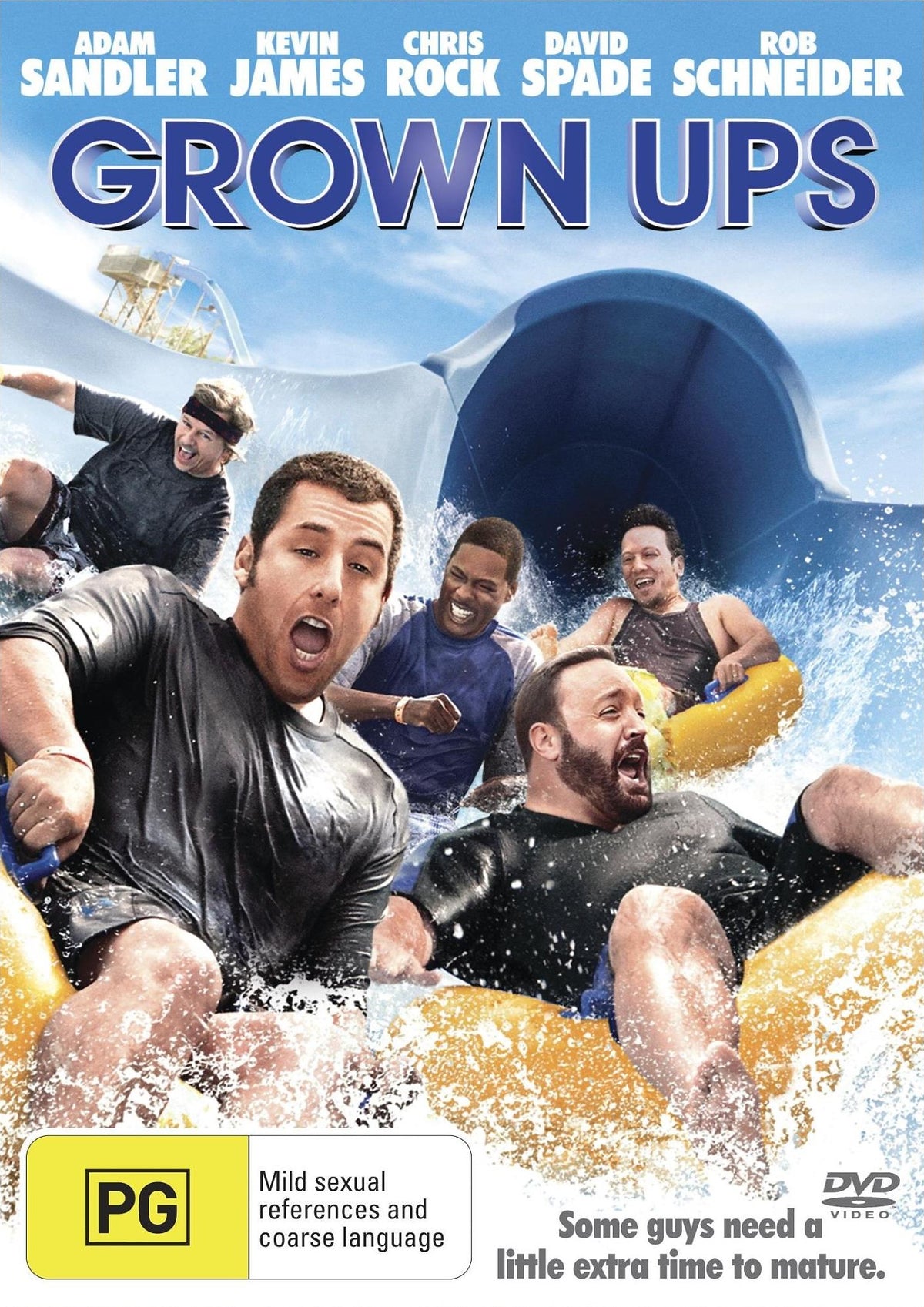 Grown Ups DVD Australian front cover, featuring Adam Sandler, Kevin James, Chris Rock, David Spade and Rob Schneider, rated PG
