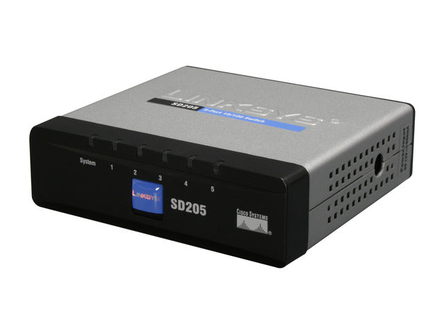 Linksys SD205 silver and black 5-port switch, angled front view — reference image, not the actual used unit