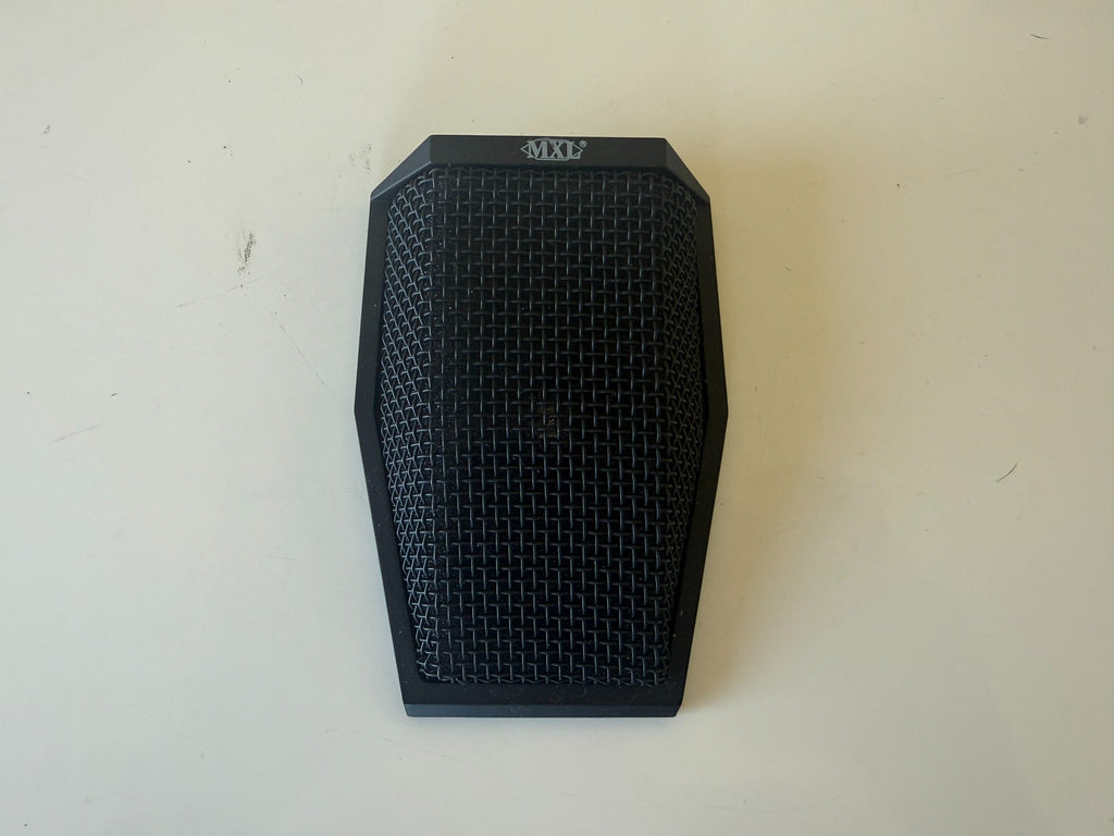 Actual used black MXL AC-404USB conference microphone, front grille