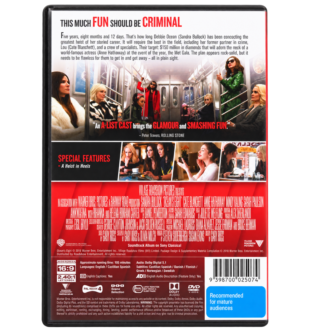 Ocean's 8 Australian DVD rear cover — cleaned reference image with transparent background