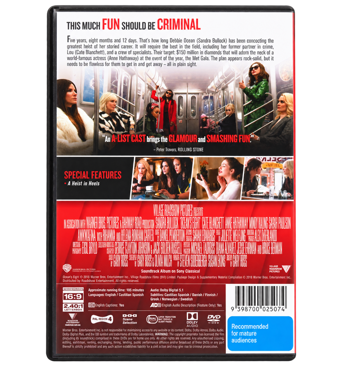 Ocean's 8 Australian DVD rear cover — cleaned reference image with transparent background