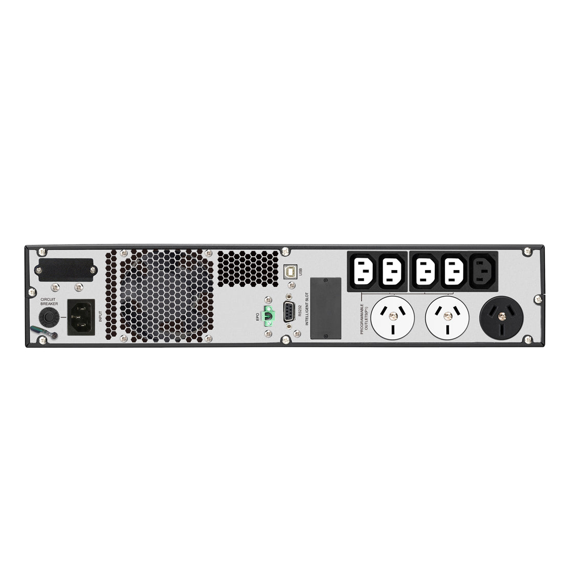 PowerShield Commander RT PSCRT2000 UPS, rear panel with Australian and IEC outlets — manufacturer stock image