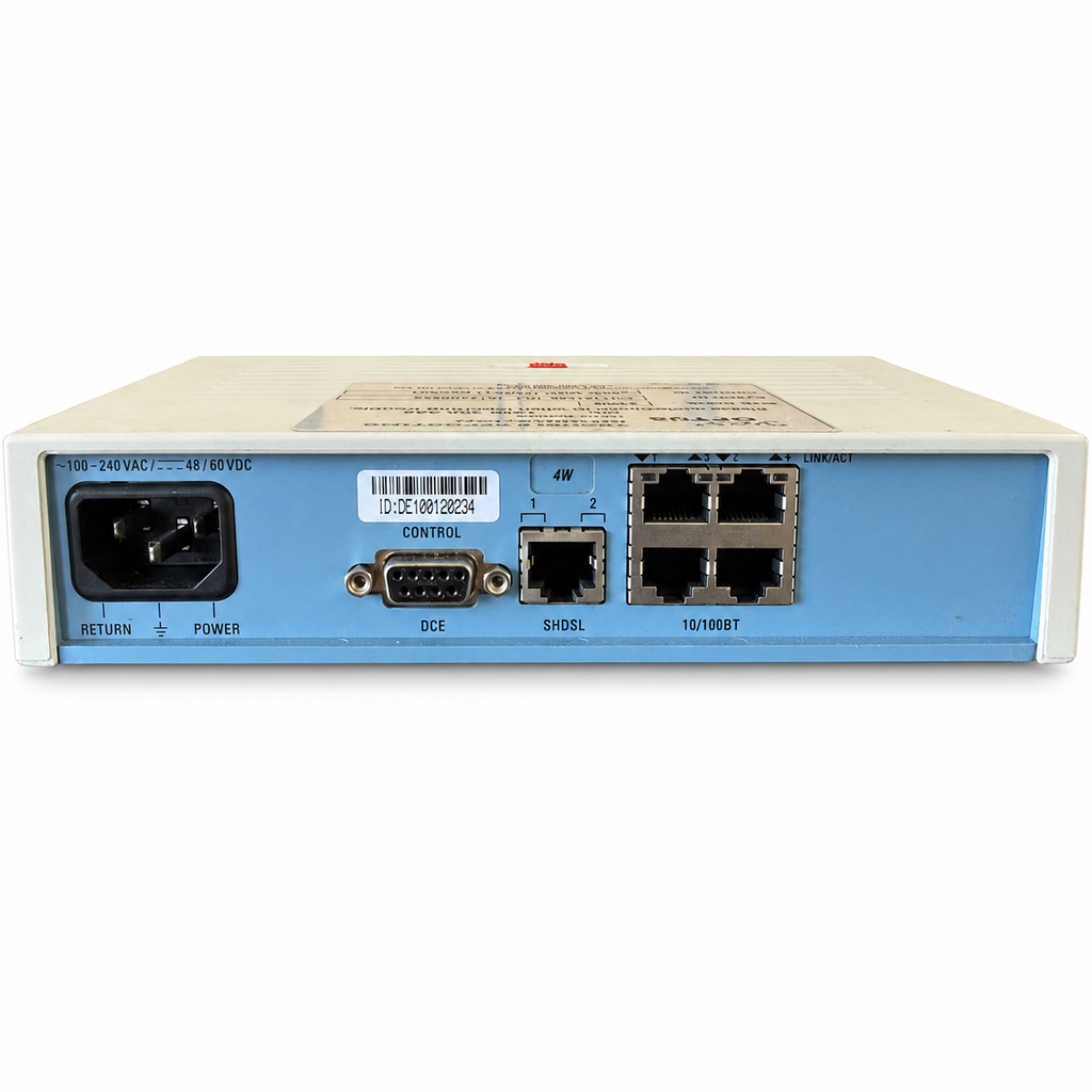 RAD EtherAccess LA-210 rear view on white background showing four Ethernet ports, SHDSL socket, control connector and power inlet