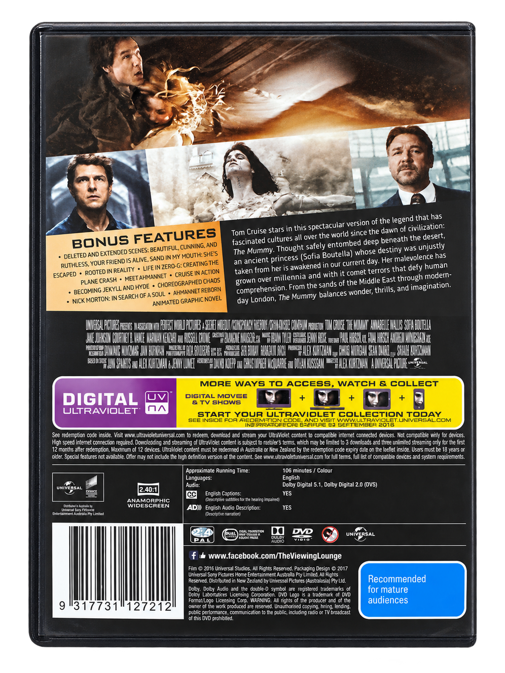 The Mummy 2017 Australian DVD rear cover, barcode 9317731127212 — cleaned reference image with transparent background