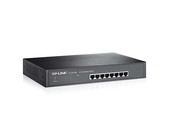 TP-Link TL-SG1008 angled front and side view — manufacturer reference image with older TP-Link branding