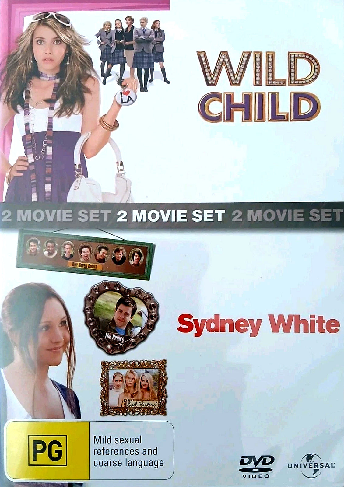 Wild Child and Sydney White Australian DVD double-feature front cover, starring Emma Roberts and Amanda Bynes, rated PG