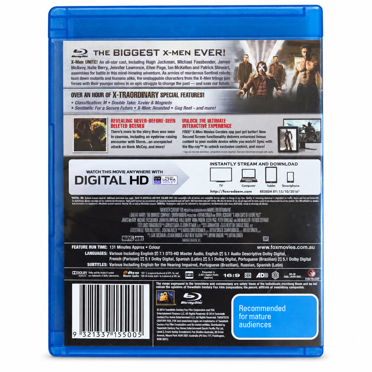 X-Men Days of Future Past Australian Blu-ray rear packaging on white background — edited reference image, not the actual unopened copy
